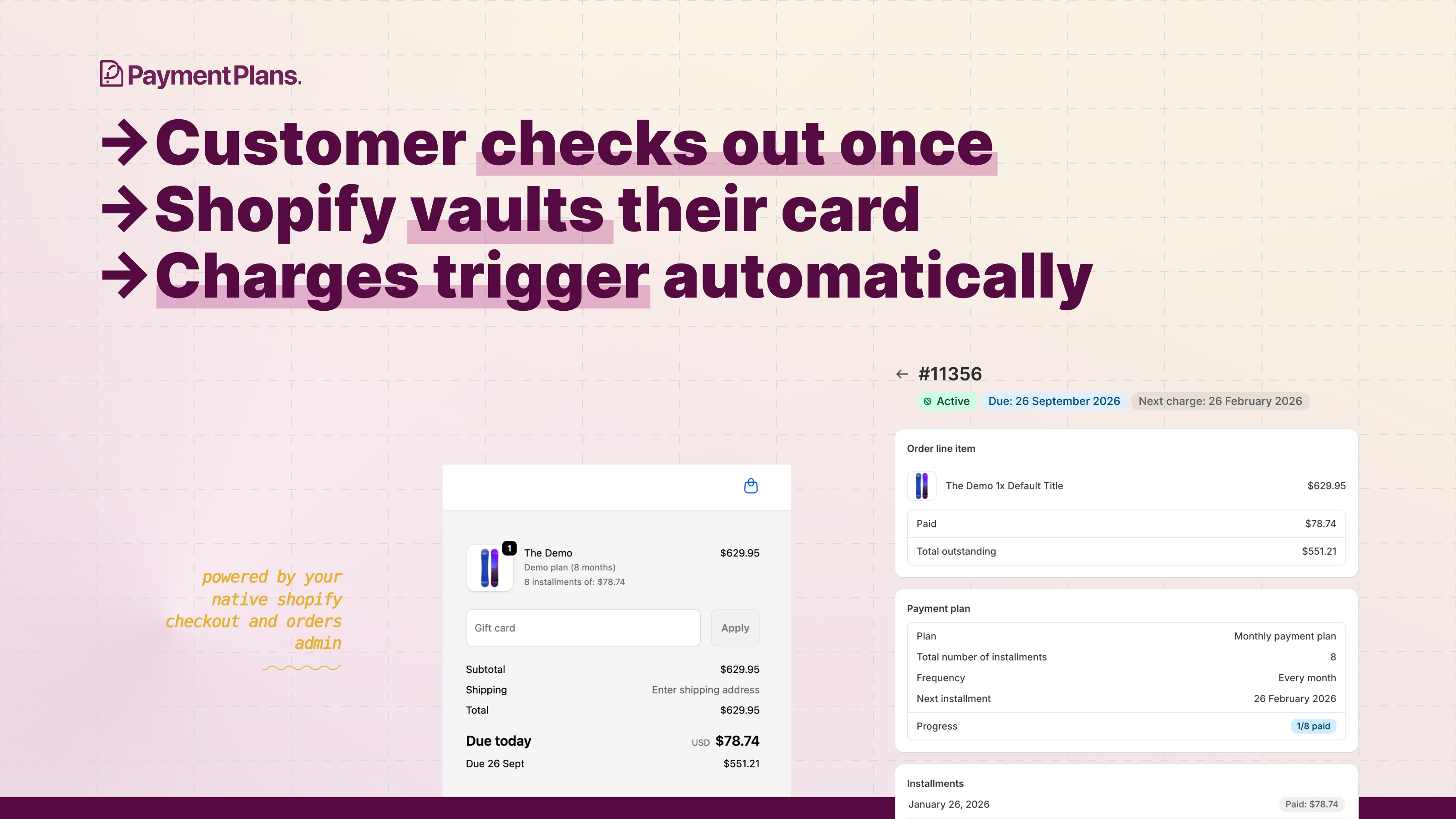 Customer checks out once → Shopify vaults their card → charges trigger automatically