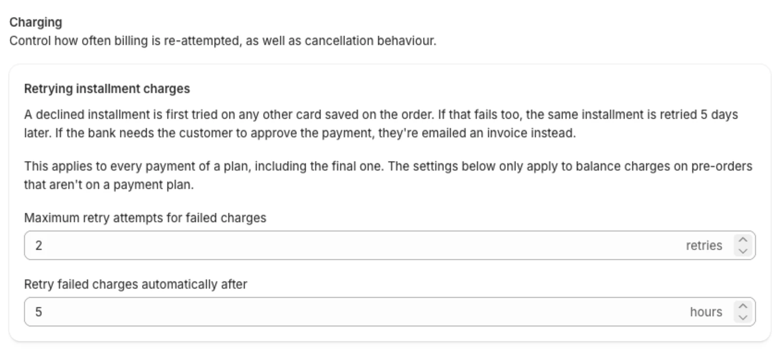 Settings > Charging, showing the maximum retry attempts and the hours to wait before retrying a failed charge.