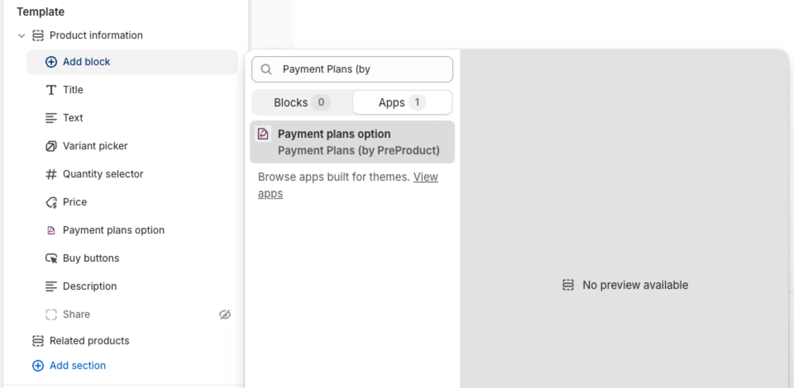 The theme editor's Add block menu on the product template, with the Payment plans option block from Payment Plans (by PreProduct) under Apps.