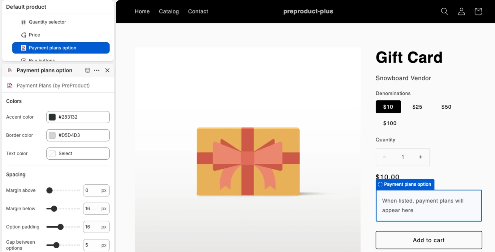 The Payment plans option block selected in the theme editor, showing its placeholder above Add to cart on a product without a plan.