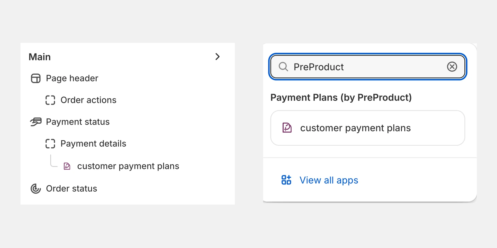 The checkout and accounts editor's Order status page, with the customer payment plans block under Payment details and the Add block list showing Payment Plans (by PreProduct).