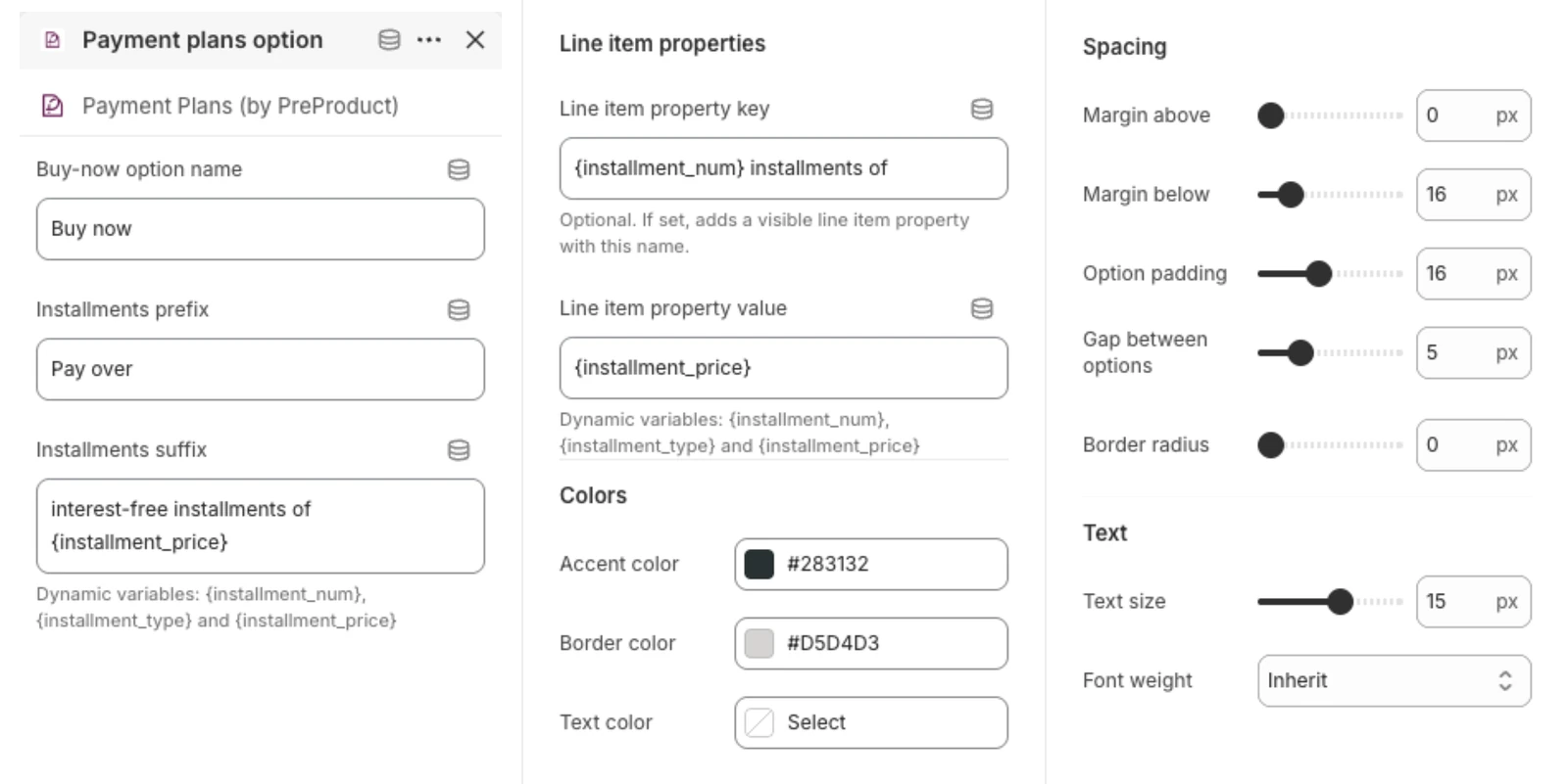 The Payment plans option block's settings in the theme editor: the Buy now label, installment prefix and suffix, line item property, colours, spacing and text size.