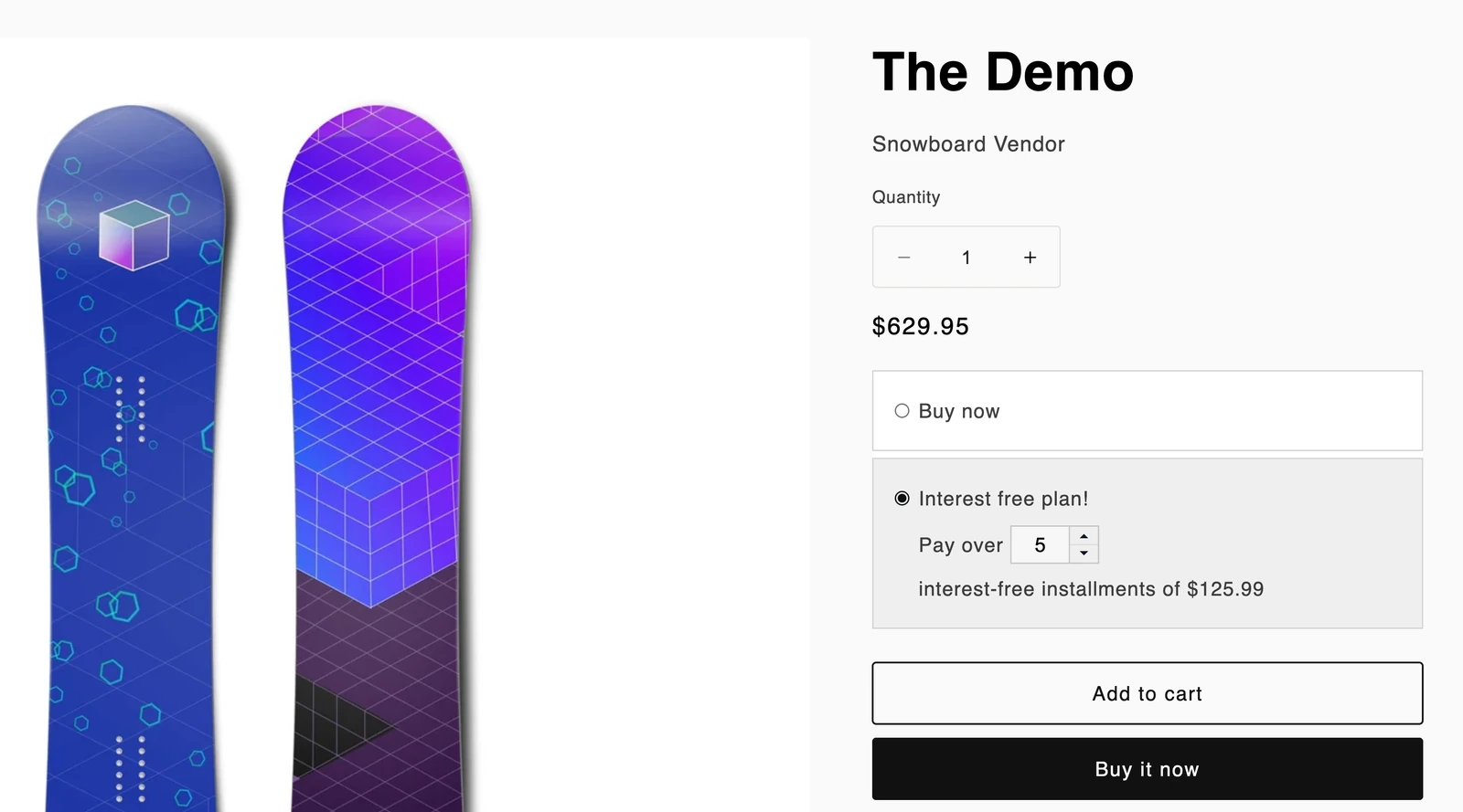 A product page with the Payment Plans widget, where the customer has chosen to pay over 5 interest-free installments instead of Buy now.